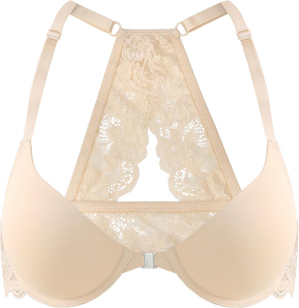 Front Closure Bras for Women Lace Racerback Sexy Plunge Lightly Padded Smooth Tshirt Underwire Push Up Bra