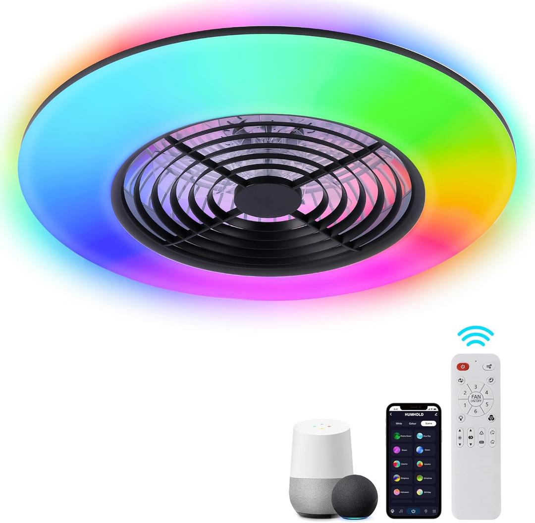 24" Low Profile Ceiling Fan with Lights, Smart LED Bladeless Ceiling Fans with RGB Lights and Remote/APP/Voice Control, Modern Flush Mount Ceiling Fan for Bedroom/Living Room
