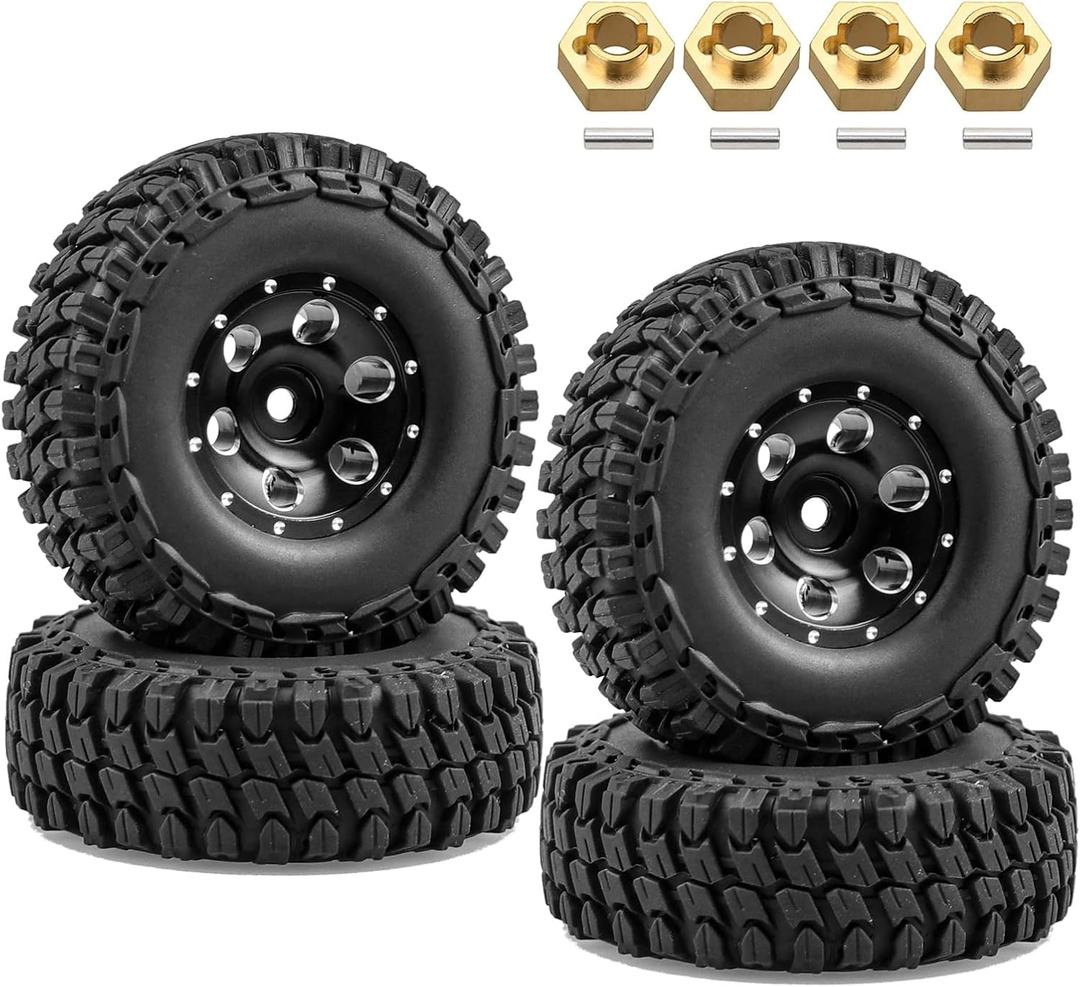 4pcs 1.0 Beadlock Wheels and Tires Upgrades for 1/24 Axial SCX24 Deadbolt Gladiator Bronco JLU C10 B-17 RC Crawler (Pattern-3)