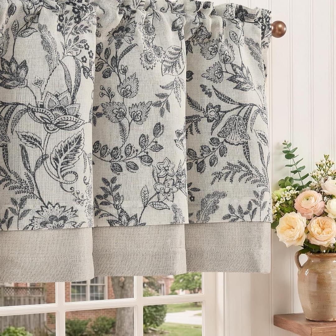 jinchan Linen Valance Curtain Farmhouse Floral Printed Small Window Curtain for Kitchen Rustic Light Filtering Valance for Living Room Bedroom Bathroom 18 Inch Rod Pocket 1 Panel Black on Beige
