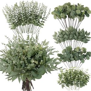 130 Pcs Artificial Mixed Eucalyptus Stems Bulk, 5 Kinds of Faux Greenery Eucalyptus Leaves Bulk for Vase Wedding DIY Bouquets Floral Arrangement Home Decor (130, Green)