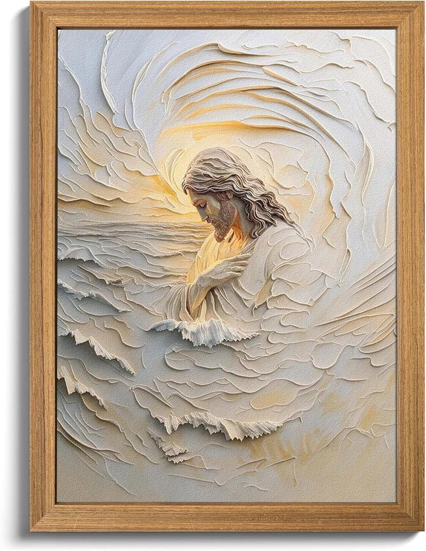 Framed 3D Textured Christian Jesus Canvas Wall Art, Jesus With Golden Halo Wall Decor Paintings, Religious Bible Posters Prints Pictures Artwork for Church Living Room Bedroom Home Decor 16x24 Inch