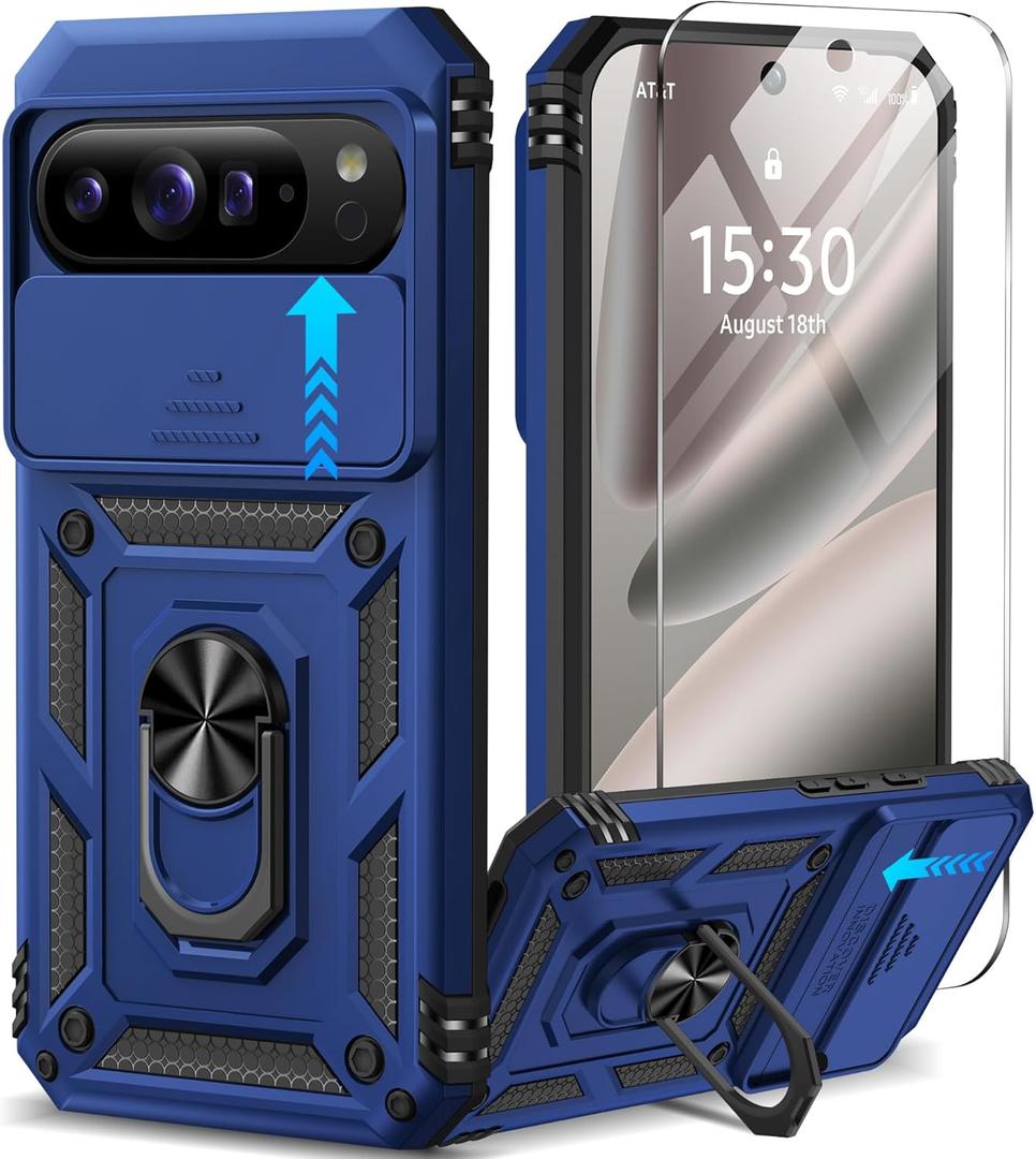 Taisairu for Google Pixel 10 Pro XL Case with Screen Protector & Slide Camera Lens Cover,Built-in 360Rotate Magnetic Ring Stand Shockproof Protective Phone Case for Pixel 10 Pro XL Case (Blue)