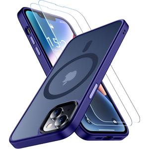 2 x SPIDERCASE Designed for iPhone 13 Case/iPhone 14 Case, [Military-Grade Drop Tested][with 2 pcs Tempered Glass Screen Protector] [Compatible with Magsafe][Soft Silky Touch] Slim Protective Case-Purple
