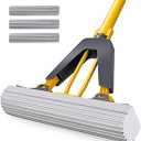 Masthome Sponge Mop,Roller Sponge Mop with 3 Absorbent PVA Mop Refills,Self Squeeze Sponge Mops and Stainless Steel Handle,PVA Sponge Mops for Floor Cleaning