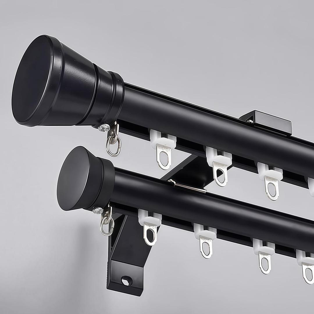 Double Curtain Track Wall Mounted, Roman Rod for Curtain, Aluminum Heavy-Duty Silent Rail, Sliding Curtain Track System with Silent Rollers, for Room Divider Living Bedroom Room (Black, 12.1ft)