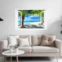 Fake Window Decal - 48"x32" Pre-Cut Vinyl Wall Art (Top & Bottom Panels) | Tropical Beach Palm Trees Mural Sticker | Removable Peel & Stick Decor