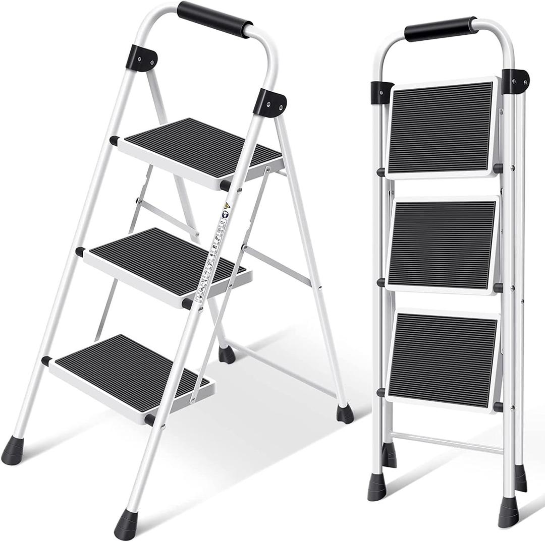 SIMPLI-MAGIC Step Ladder, 3 Step Stool Ergonomic Folding Step Stool with Wide Anti-Slip Pedal Sturdy Step Stool for Adults Multi-Use for Household, KitchenOffice Step Ladder Stool (3 Step - White)