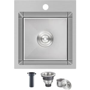15 x 17 Inch Drop in Kitchen Sink with 1 Faucet Hole, Stainless Steel Topmount Bar Sink Single Bowl Handmade Kitchen Sink, Brushed