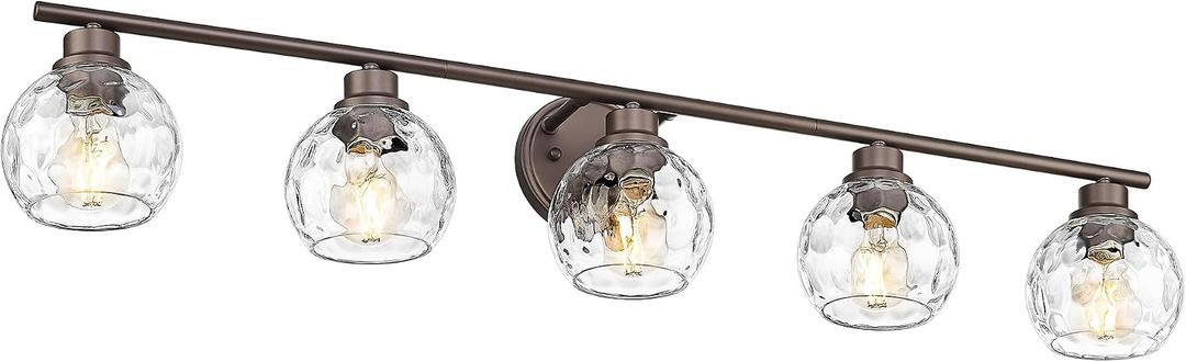 Emliviar Large Vanity Wall Lighting Over Mirror, 5-Light Rustic Bath Wall Mounted Lamp with Water Ripple Globe Glass, Oil Rubbed Bronze Finsh, YE295BG-5W ORB-WG