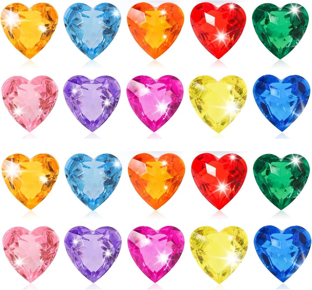 Niceup 60pcs Heart Gems Fake Diamond Diving Pool Toys 1.57in Small Crystal Acrylic 3D Heart Shape Gemstones for Priness Mermaid Treasure Hunt Wedding Party Favors