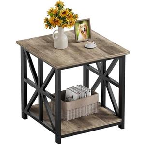 GreenForest End Table with 2-Tier Storage Shelf, 24 inch Large Side Table for Living Room,Modern Nightstand for Bedroom Bedside Office Farmhouse, Grey Wash