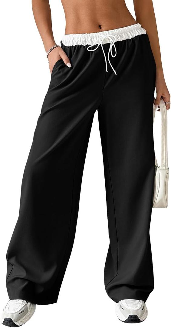 SOLY HUX Women's Drawstring Elastic Waist Wide Leg Pants Color Block Long Pants with Pockets (Black, M)