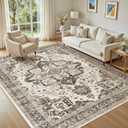 Washable 5x7 Area Rug for Living Room - Vintage Distressed Carpet with Non-Slip Backing, Soft Stain Resistant Low Pile Indoor Rug for Bedroom & Dining Room, Kid & Pet Friendly - Dark Brown