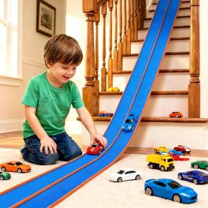 Flexible Tracks 15 Ft Flex Race Car Track for Kids Toy-DIY Car Track Set with 1/64th Rebound Cars Portable Rolls Up Race Tracks with Strong Suction Cups-Great Gifts Toys for Boys Girls Ages 3+
