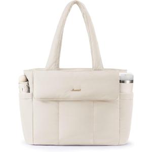 LOVEVOOK Laptop Bag for Women Puffer Work Tote Bags Lightweight Large Computer Bag Purse for Teacher Nurse Travel Daily (17.3 INCH, Beige)