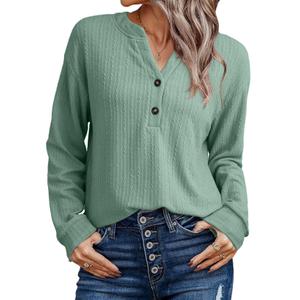 SHEWIN Women Shirts Long Sleeve Ribbed Knit Tops Fall Dressy Tunic Pullover Oversized Sweatshirt Spring Casual Trendy Clothes 2025 V Neck Outfits Green Size M (M)