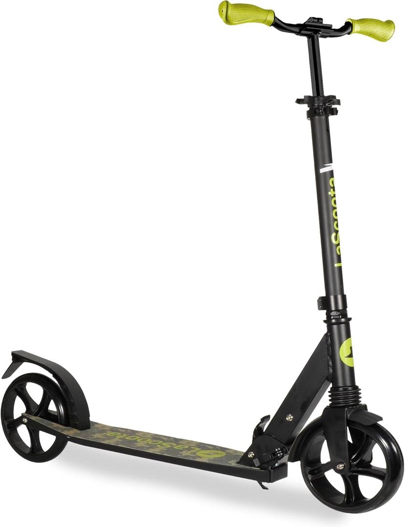 LaScoota Kick Scooter for Kids Ages 6+, Teens & Adults, Large 8" Sturdy Urethane Wheels. Adjustable Handlebar, Lightweight, Foldable, 220lbs Max Load (Camo)