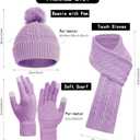 Double Couple 3pcs Winter Women scarf and hat and Touch Screen Gloves Set for Women Knit Hat with Faux Fur Ball Scarves Glove (Purple)