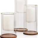 Set of 3 Glass Hurricane Candle Holders with Beech Wood Coasters, Crystal Clear Glass Pillar Candle Holders 4, 8 and 10 Tall, Decorative Centerpieces for Home, Weddings or Celebrations