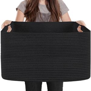 Extra Large Rectangle Storage Basket, 23.6" x 17" x 12" Black Blanket Basket Living Room, Big Cotton Rope Shoe Blanket Storage Bin, Woven Kids Dog Toy Bin Box Organizer, Wicker Laundry Basket