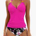 B2prity Halter Tankini Swimsuit for Women Tummy Control Two Piece Bathing Suit V Neck Swimwear with Shorts Medium, Hot Pink Print