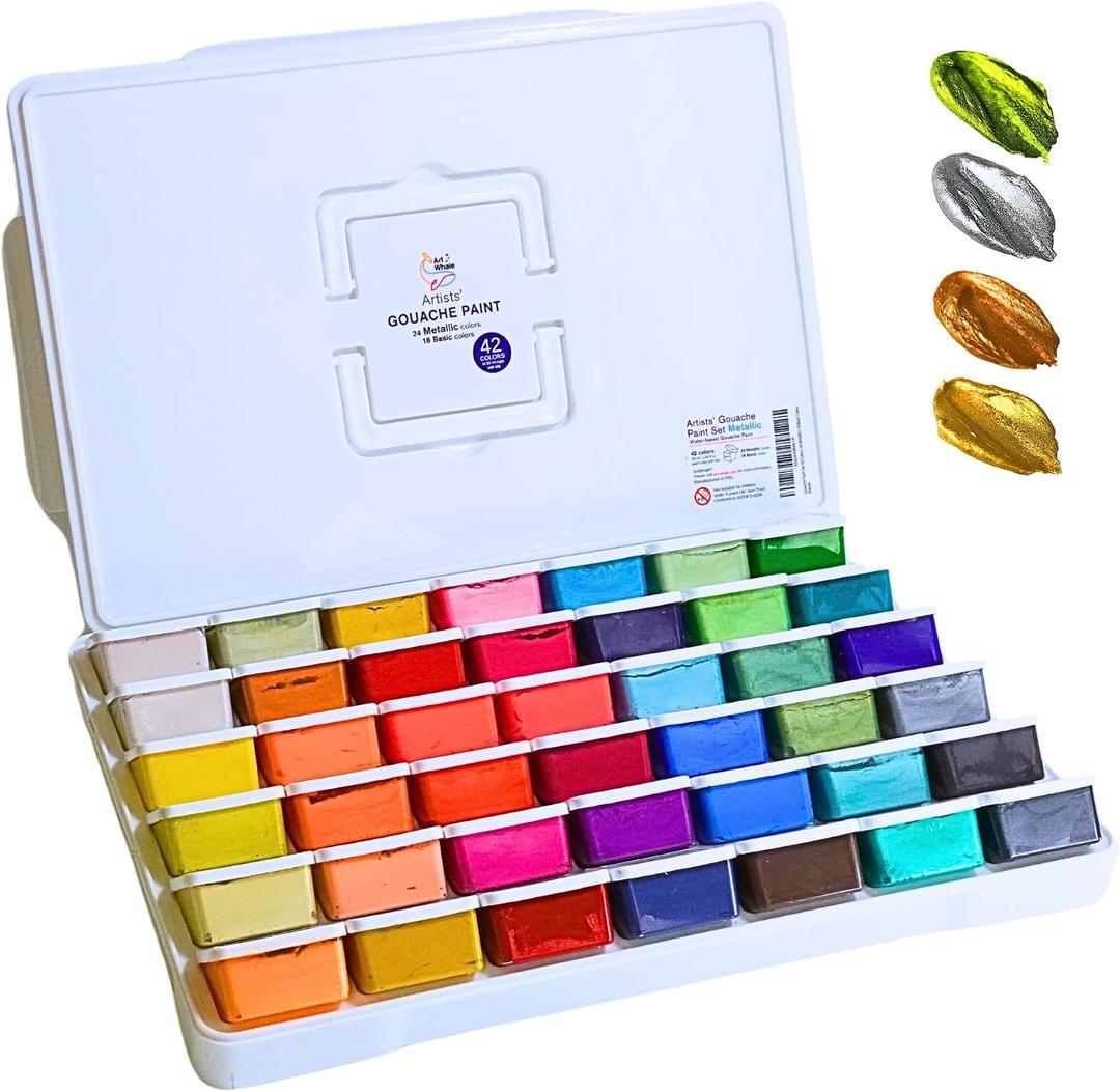 Gouache Paint Set 42 Colors, 50ml Cups with Lids – 24 Metallic & 18 Basic Shades, Refillable Gouache, Opaque & Creamy, Leakproof Storage, Travel Case, Non-Toxic
