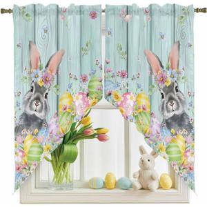 Easter Swag Curtain Valances Rabbit Easter Egg Short Swag Topper for Small Windows Flowers Leaf Wood Grain Seasonal Window Curtain Tiers for Kitchen Bedroom Living Room 56" W x 36" L, 28"W x 36"L