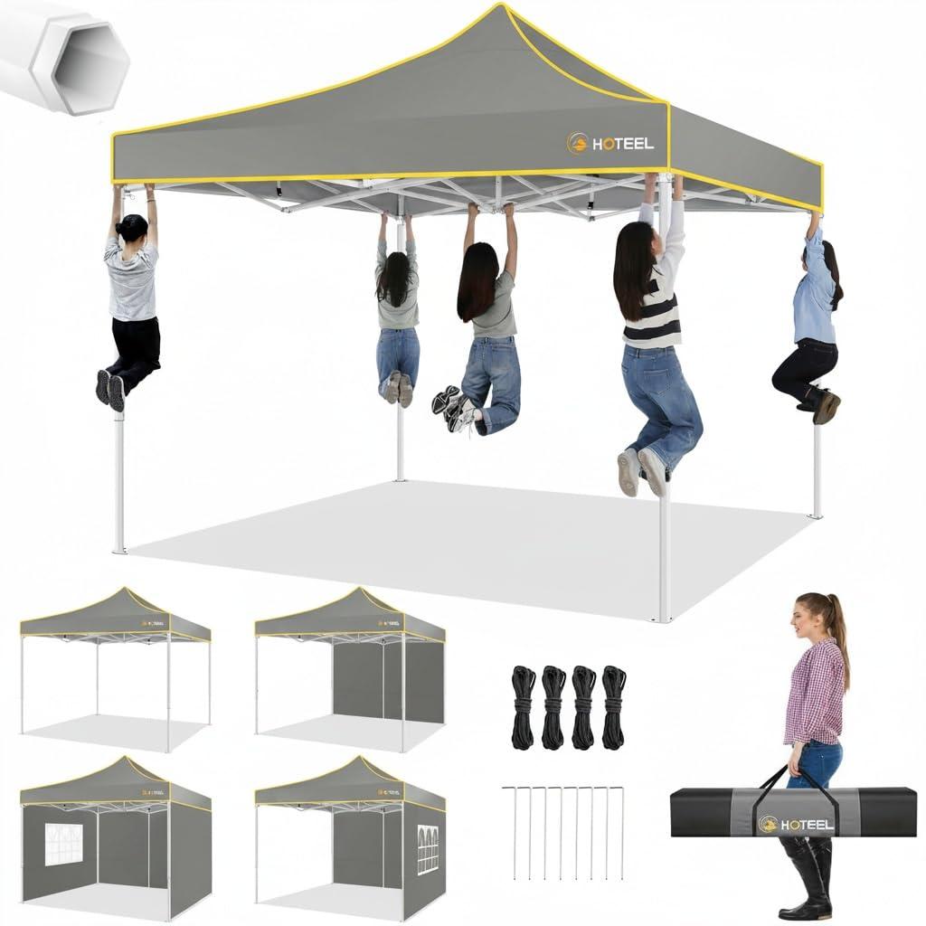 HOTEEL 10x10 Pop up Canopy Tent for Parties, Heavy Duty Easy Setup Tent with 4 Sidewalls, Outdoor Commercial Instant Gazebo for Wedding Event, with Portable Bag, Grey(Hexagonal Frame)