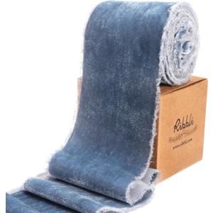 Ribbli Dusty Blue Velvet Ribbon 3 Inch Handmade Frayed Vintage Christmas Ribbon for Gift Wrapping Christmas Tree Ornament Wreath Craft Home Decor -3 Yards