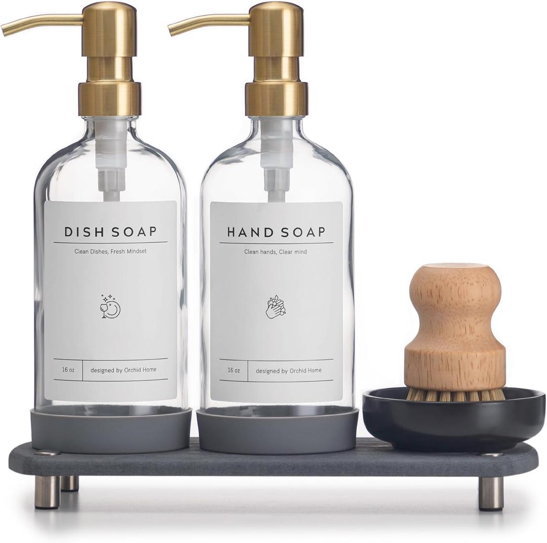 [Luxury] Kitchen Soap Dispenser Set  16OZ Clear Glass Bottle, Stainless Steel Pump, Instant Dry Tray, Waterproof Labels, NonSlip Silicone Pad, and Dish Brush | Upgrade for Your Kitchen and Bathroom