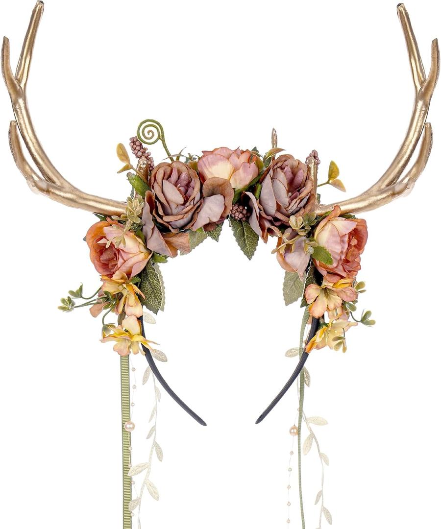 MOSTORY Woodland Flower Antler Headband - Fairy Reindeer Headpiece with Vines for Renaissance Accessories Women Cosplay (Orange-pink)