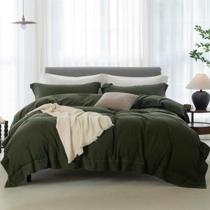 Cooling King Duvet Cover Set 3 Pieces-100% Washed Cotton with Chic Wide Trim Design Linen Like Textured Ultra Soft Cozy Bedding with Zipper Closure(Hemmed Olive Green,King 104"x90")
