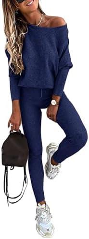 CHICME 2 Piece Lounge Outfit Long Sleeve Knit Pullover Tops Drawstring Pants Set Tracksuit Sweatsuit (Blue,Small)