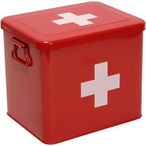 First Aid Kit, First Aid Medicine Supplies Bin - 2-Tier Metal Medicine Storage Tin, First Aid Box with Removable Tray for Home Emergency Tool Set-Red
