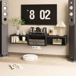 IBUYKE Floating TV Stand Wall Mounted with Power Outlet,Modern Wood Wall Mounted Media Console Shelf,Floating Entertainment Center for Under TV Storage for Living Room Bedroom Office,Black WST001B-