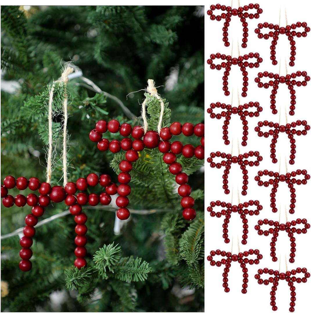 Hungdao 12 Pcs Christmas Tree Wood Beads Bow Ornaments Boho Christmas Tree Ornaments Farmhouse Wooden Beads Xmas Decor Natural Modern Xmas Decorative for Winter Party Decor(Burgundy) (Red)