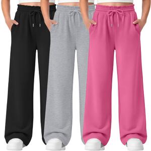 3 Pack Girls' Sweatpants Straight Wide Leg Kids Drawstring Casual Joggers Teen Loose Athletic Pants with Pockets (11-12 Years, Rose Red, Light Heather Gray, Black)