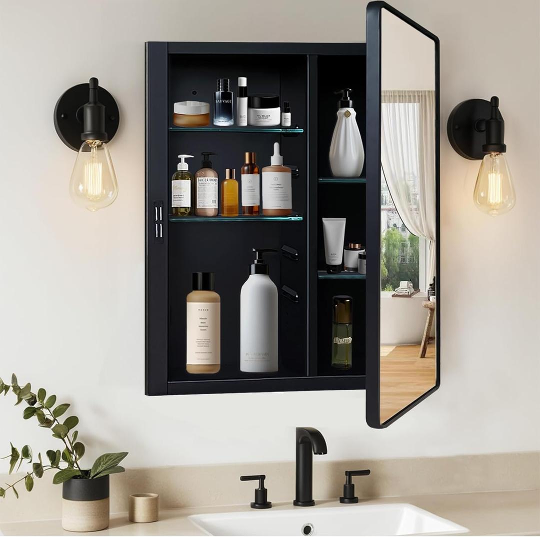 Black Medicine Cabinet 16x20 inch, Bathroom Mirror with Storage, Recessed or Wall Mounted Farmhouse Cabinets, Metal Framed, Adjustable Shelves, One Door Open Left or Right