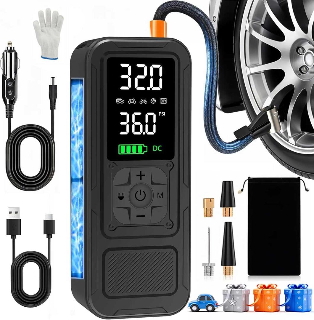 Y34 Tire Inflator Portable Air Compressor,4X Faster Inflation,6000mAh Cordless/12V DC 150PSI Air Pump with Digital Pressure Gauge for Car,Motorcycle,Bike,Ball Gifts for Men (Black)