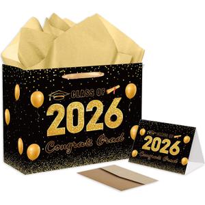 3 x HZRNNA Black and Gold 2026 Graduation Gift Bag, Large Congrats Grad Gift Bag with Card and Tissue Paper, Graduation Gift Wrap Bag for Class of 2026, Congrats Grad Party Decorations