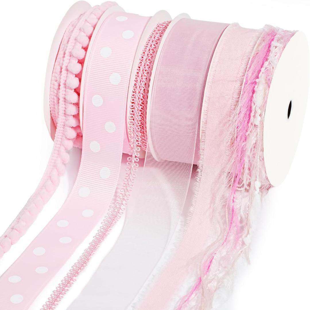 LaRibbons Pink Ribbons for Crafts 6 Rolls 27.5 Yards Total Thin Pink Ribbon for Baby Shower Sewing Gift Wrapping Clothing Trim Party and Home Decor
