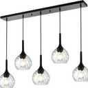 VINLUZ 5-Light Hanging Pendant Kitchen Island Light in Classic Black Finish with Ribbed Glass Shades, Modern Chandelier for Dining Room & Hallway