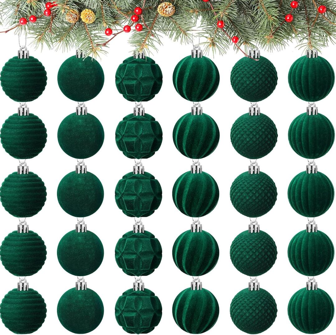 Menkxi 30 Pcs Christmas Velvet Ball Ornaments Small Flocked Christmas Ornaments for Tree Plastic Xmas Decorative Hanging Balls Handmade Flocked Velvet Xmas Tree Home Decor (1.97 Inch,Green)