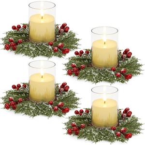 4 Pcs Christmas Candle Rings, 3.7 Inch Center Xmas Artificial Candle Rings Wreath Cedar Berries Snowy Pine Needles, Candles Rings Holder for Table Centerpiece Winter Home Party Kitchen Window
