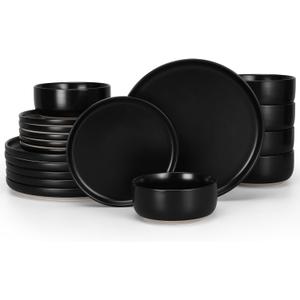 HaWare Stoneware Dinnerware Sets, 18-Piece Plates and Bowls Set for 6, Dishes Set for Home Restaurant, Matte Black