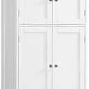 TEENFON Bathroom Floor Storage Cabinet, Freestanding Bathroom Storage Unit with 2 Adjustable Shelves & 4 Doors, White