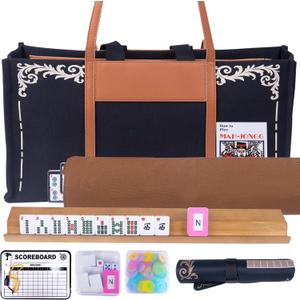 American Mahjong Set,Complete Game Kit, 166 Tiles Mahjong Tile Set with Wooden Pushers Racks, Carrying Bag, Mahjong Mat, Score Cards, Chips, Dice & Accessories Mahjong Set, 0.9 in 0.47 in 1.2 in