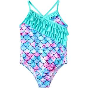 Dvenki Girls One Piece Swimsuit - Adjustable Strap, Mermaid Print Toddler Ruffle Bathing Suit