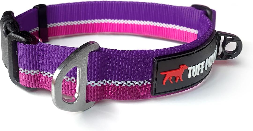 Tuff Pupper Heavy Duty Dog Collar | Tough Dogs Collar | Reflective Collars with Aluminum D-Ring Leash Clip | Separate ID Tag Attachment Keeps Engraved Dog Tags Quiet | Easy Sizing for All Breeds (Large (17 - 23" Neck), Punch Purple)